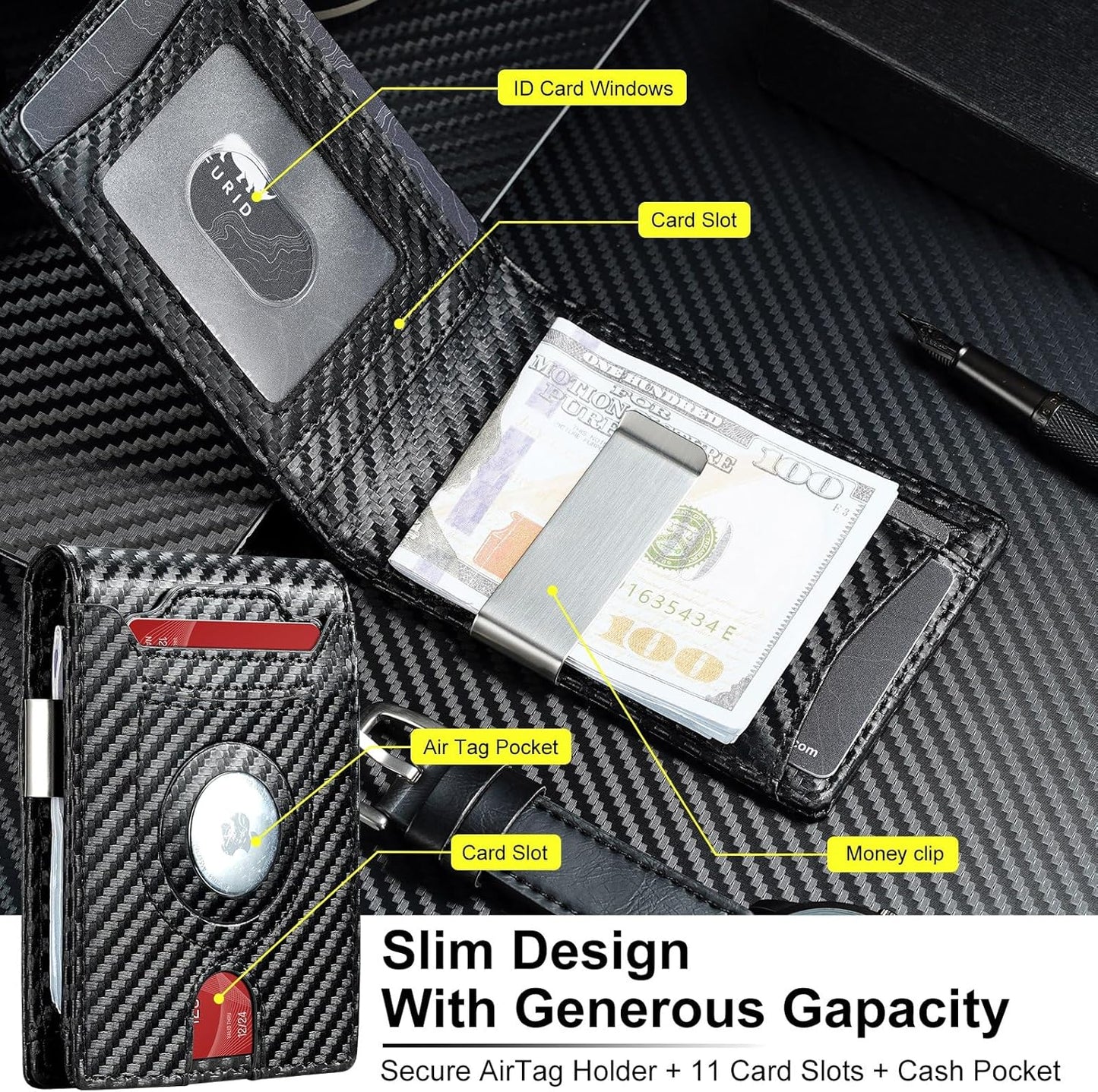 Men's AirTag Wallet with Money Clip & RFID Blocking